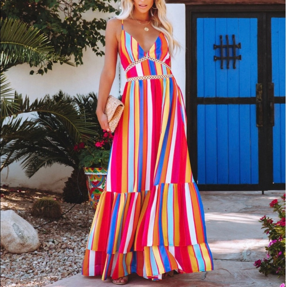 VICI Fiesta To Siesta Crochet Striped Maxi SunDress Size M